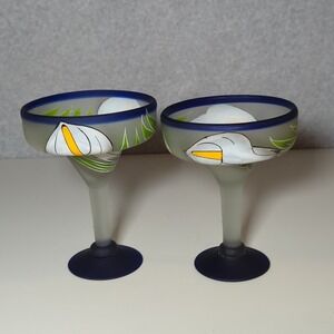 Mexican Hand Painted Margarita Glasses Set 2 Frosted Glass Blue Rimmed‎ Stemmed